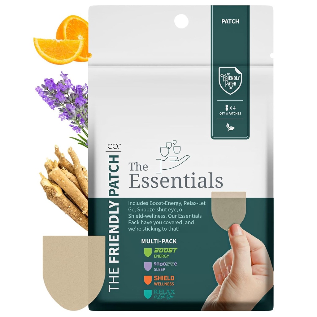 The Friendly Patch Travel Essentials Multi-Pack comprend 8 Patches: Snooze Sleep Patches, Ashwagandha calme Patches, Boost Energy Patch et Shield Patches pour dormir, se détendre et énergie.