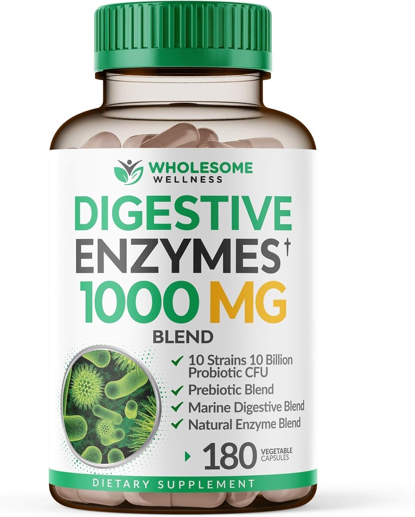 Enzymes digestives saines Wellness 1000MG Plus Supplément prébiotiques et probiotiques, 180 capsules, formule végétale biologique à base de plantes pour la digestion et la lactose avec Amylase et Bromelain, 3-6 mois d'approvisionnement