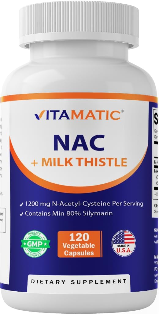 Supplément Vitamatic NAC N-acétyl-L-Cysteine (NAC) avec le chardon de lait Extrait 50:1 - Soutient la santé immunitaire, respiratoire, hépatique, 1200 mg par portion, 120 gélules