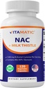 Supplément Vitamatic NAC N-acétyl-L-Cysteine (NAC) avec le chardon de lait Extrait 50:1 - Soutient la santé immunitaire, respiratoire, hépatique, 1200 mg par portion, 120 gélules