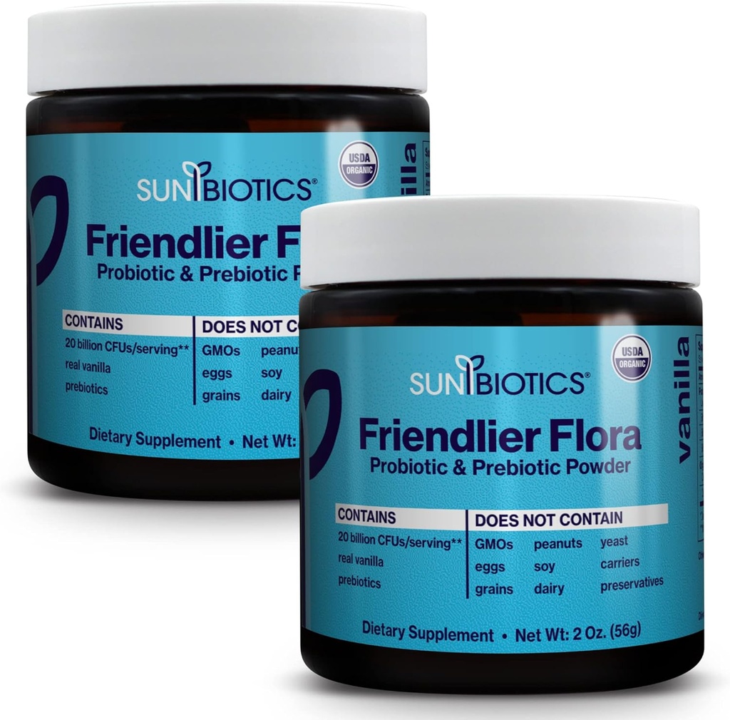 SUNBIOTICS Flore amie - Poudre prébiotique et probiotique pour les femmes et les hommes avec 20 milliards CFU de 4 souches probiotiques pour la bonne fleur de Gut, système immunitaire et microbiome équilibré - Vanille, (paquet de 2)