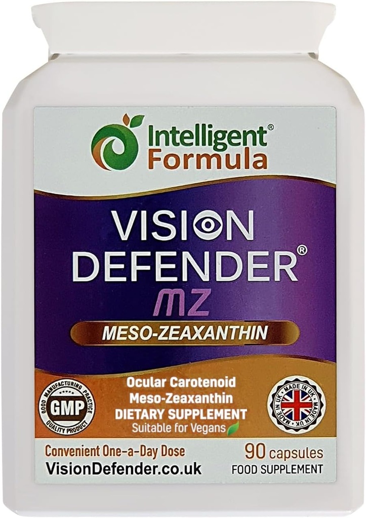 Vision Defender Meso Zeaxanthin Vegan Eye Supplement MZ- Protéger et améliorer la santé oculaire et le soin des yeux, anti-oxydant haute résistance méso-zéaxanthine caroténoïde pour les yeux (90 capsules/un jour) Fabriqué au Royaume-Uni