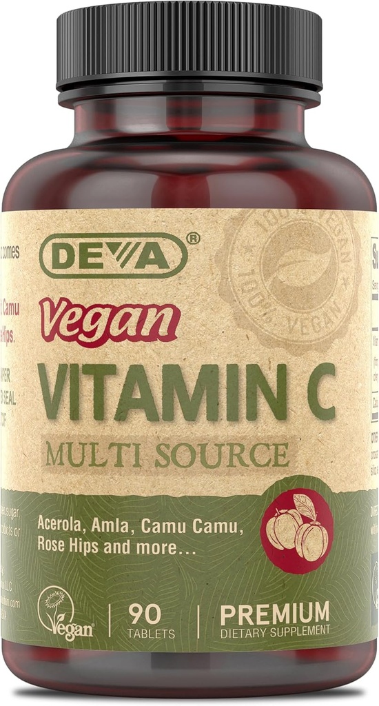 DEVA Vitamines végétales - Vitamine C à base d'aliments végétaliens - Multisource - Non-OGM - 90 comprimés