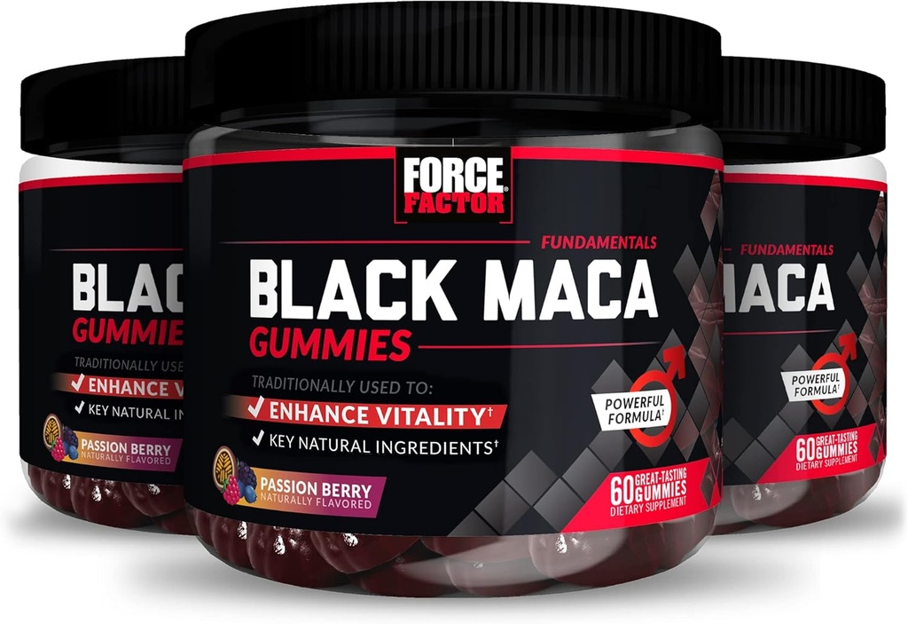 Facteur de force Black Maca Gummies, 3-Pack, Black Maca Root pour améliorer la vitalité masculine, augmenter l'énergie et la force, avec BioPerine pour l'absorption supérieure, Delicious Passion Berry Flavor, 180 Gummies
