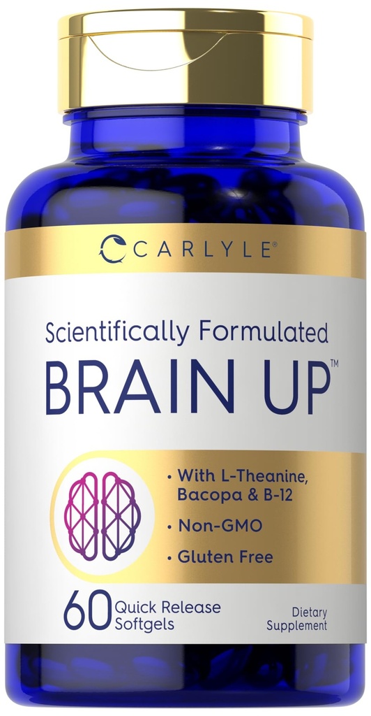 Carlyle Brain Up Supplement | 60 Softgels | with L-Theanine, Bacopa & B-12 | Non-GMO, Gluten Free