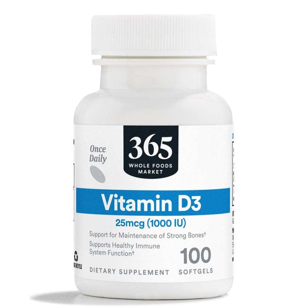 365 par Marché des aliments entiers, Vitamine D3 Softgels, 1000 UI, 100 CT