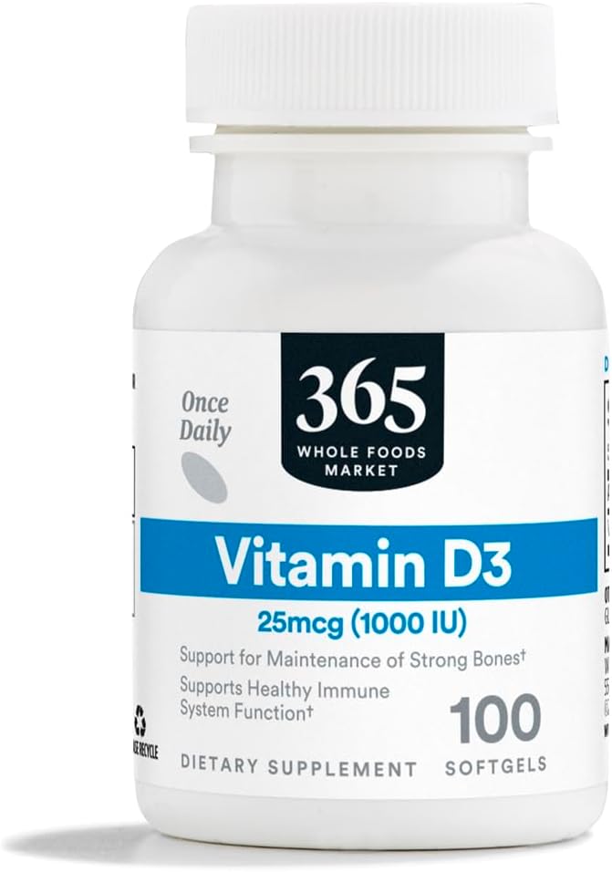 365 par Marché des aliments entiers, Vitamine D3 Softgels, 1000 UI, 100 CT