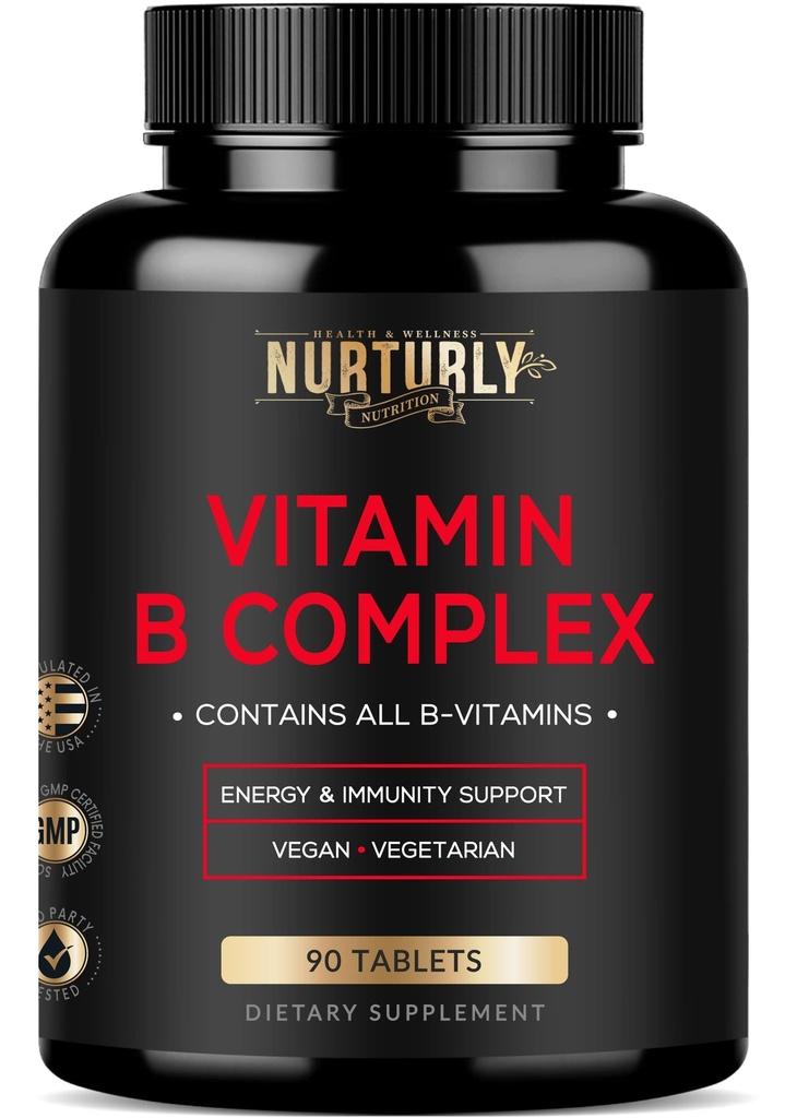 Complexe Vitamine B - Contient toutes les vitamines essentielles B - B1, B2, B3, B5, B6, B7, B9, B12 et Biotine - Vitamines complexes Super B pour l'énergie, l'immunité et le soutien de l'humeur - 90 comprimés