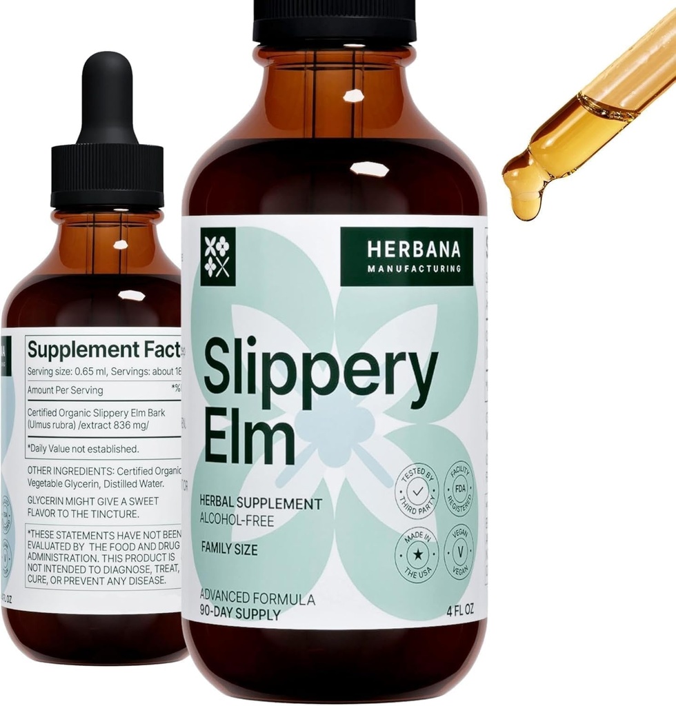 Slippery Elm Bark 4 fl oz Extrait liquide - Gut santé, respiratoire et immunitaire - Ulmus Rubra Tecture - gouttes à base de plantes naturelles pour l'homme et la femme - Taille de la famille - Haute puissance - 90 jours d'approvisionnement