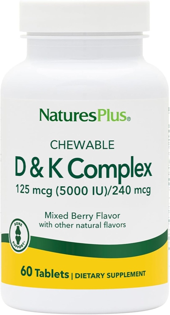 Natures Plus Complexe D & K - 60 baies mixtes à croquer - Supports Métabolisme au calcium - Végétarien, Non-OGM, Sans gluten, Sans soja - 60 portions