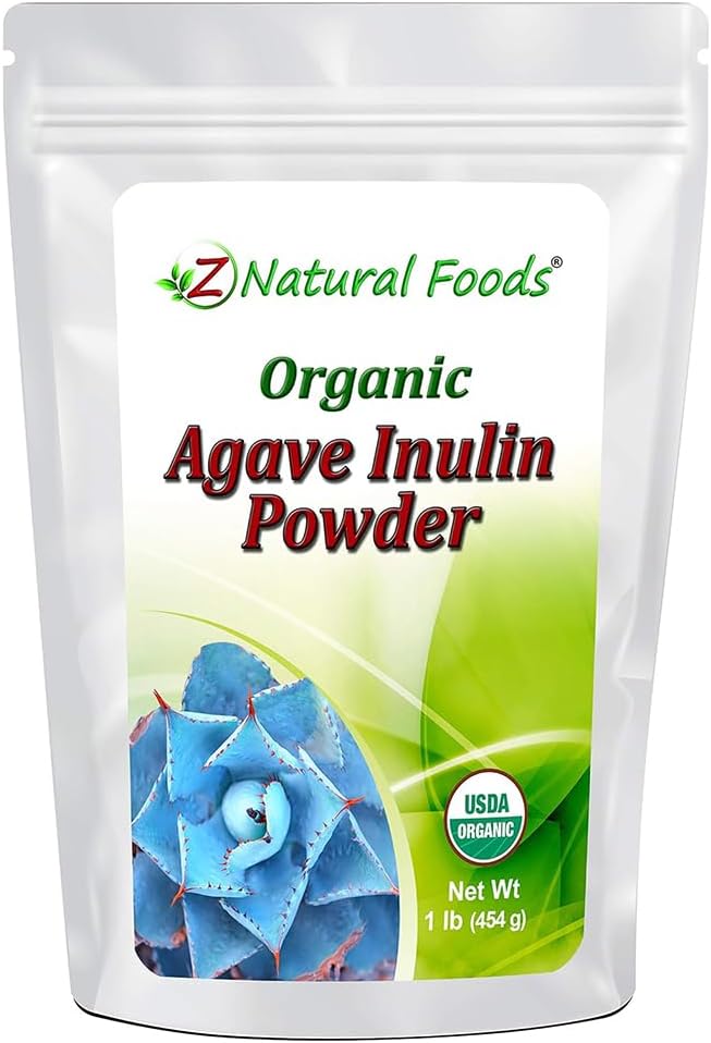 Z Natural Foods Organic Agave Inulin Powder, Natural Fiber Supplement, Prebiotic Superfood Powder for Drinks, Smoothies, and Recipes, Raw, Non-GMO, Vegan, Gluten-Free, Kosher, 1 lb