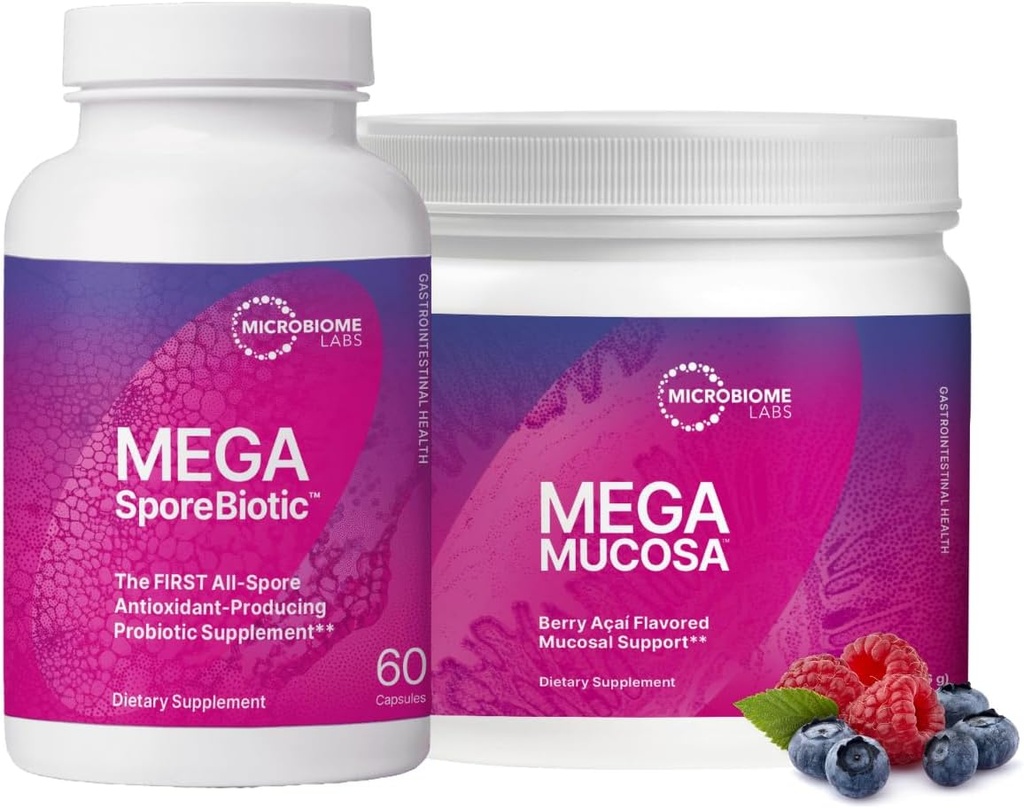 Microbiome Labs MegaSporeBiotique (60 Capsules) + MegaMucosa (5,5oz en poudre) Bundle de soutien probiotique et mucosal Gut - Probiotique à base de spores avec Immunoglobulines, Supplément en poudre d'acides aminés