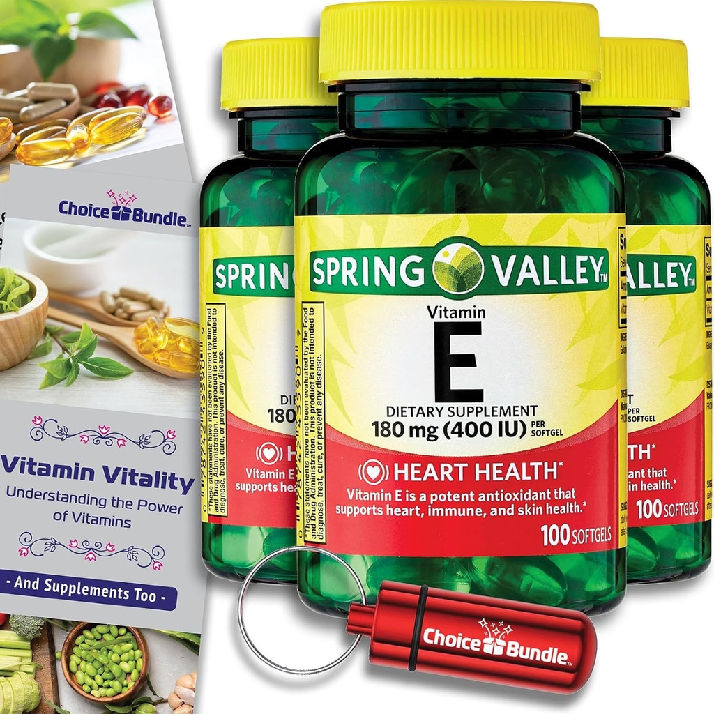 Choice Bundle Spring Valley Vitamine E Heart Health Dietary Supplement Softgels 180 mg (400 UI) 100 CT 3 pk (300 Total) + Vitamine Vitalité.