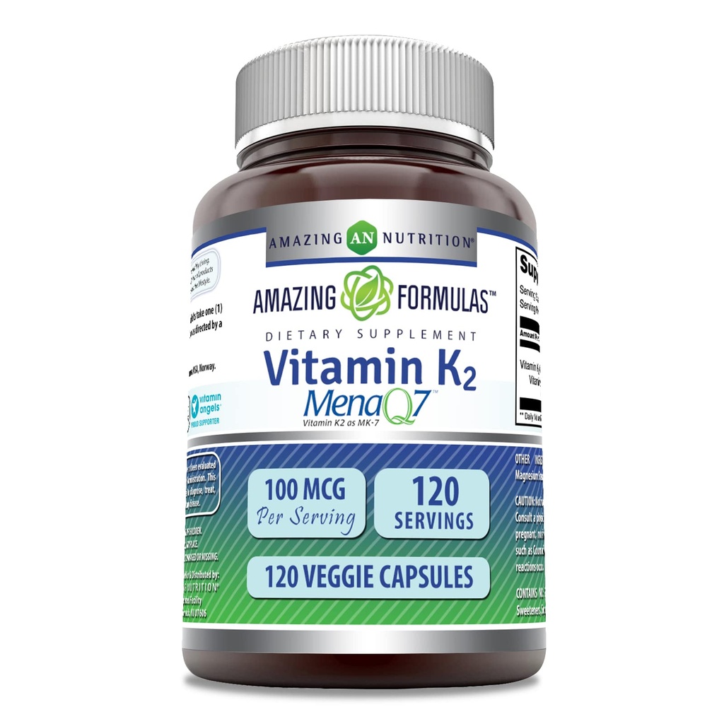 Amazing Formulas Vitamin K2 Menaq7 MK7 Supplement | 100 Mcg | Veggie Capsules | Non-GMO | Gluten Free | Made in USA (1 Pack, 120 Count)