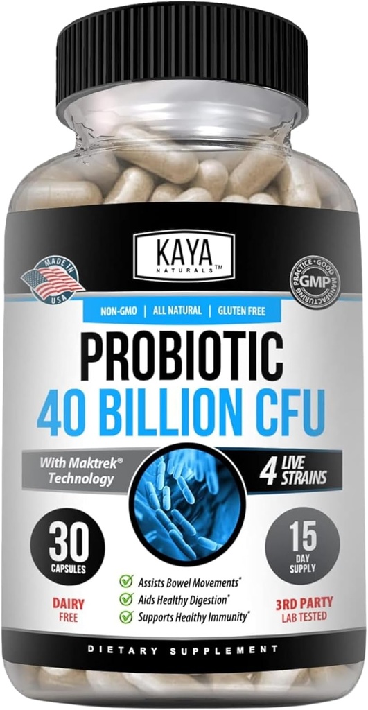 Kaya Naturals Probiotic 40 milliards CFU - Probiotiques pour les femmes, probiotiques pour les hommes et les adultes, naturel - Supplément de soutien à la santé et aux maladies immunitaires - favorise la santé digestive - 30 comtes