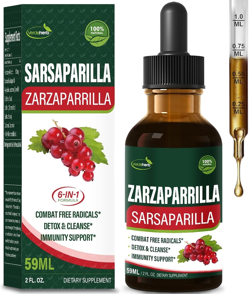 Extrait de racine de Sarsaparilla gouttes pour le nettoyage du foie Detox & Réparation, Supplément de soutien immunitaire avec Dandelion Cocolmeca Polypodium Leucotomos. Diente de Leon para Limpieza de Colon y Desintoxique. 2oz