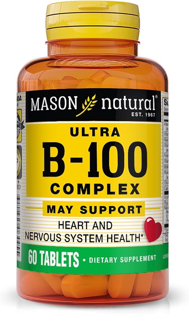 MASON NATURAL Complexe Ultra B-100 - Santé cardiaque et système nerveux, améliore la fonction immunitaire et le métabolisme énergétique, 60 comprimés