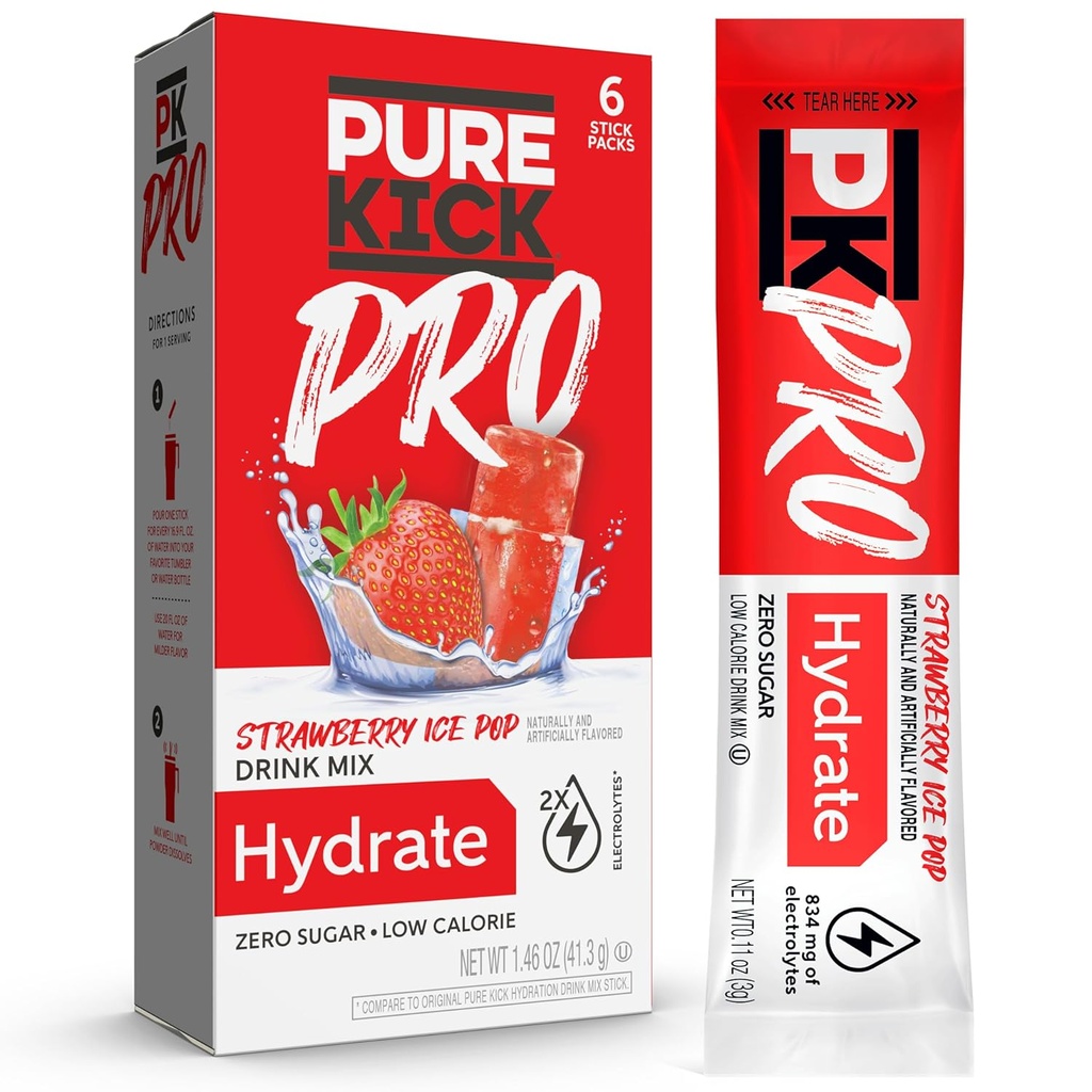 PURE KICK PRO Hydratation Mélange de boissons électrolytes, fraise Pop, comprend 1 boîte avec 6 paquets dans chaque boîte