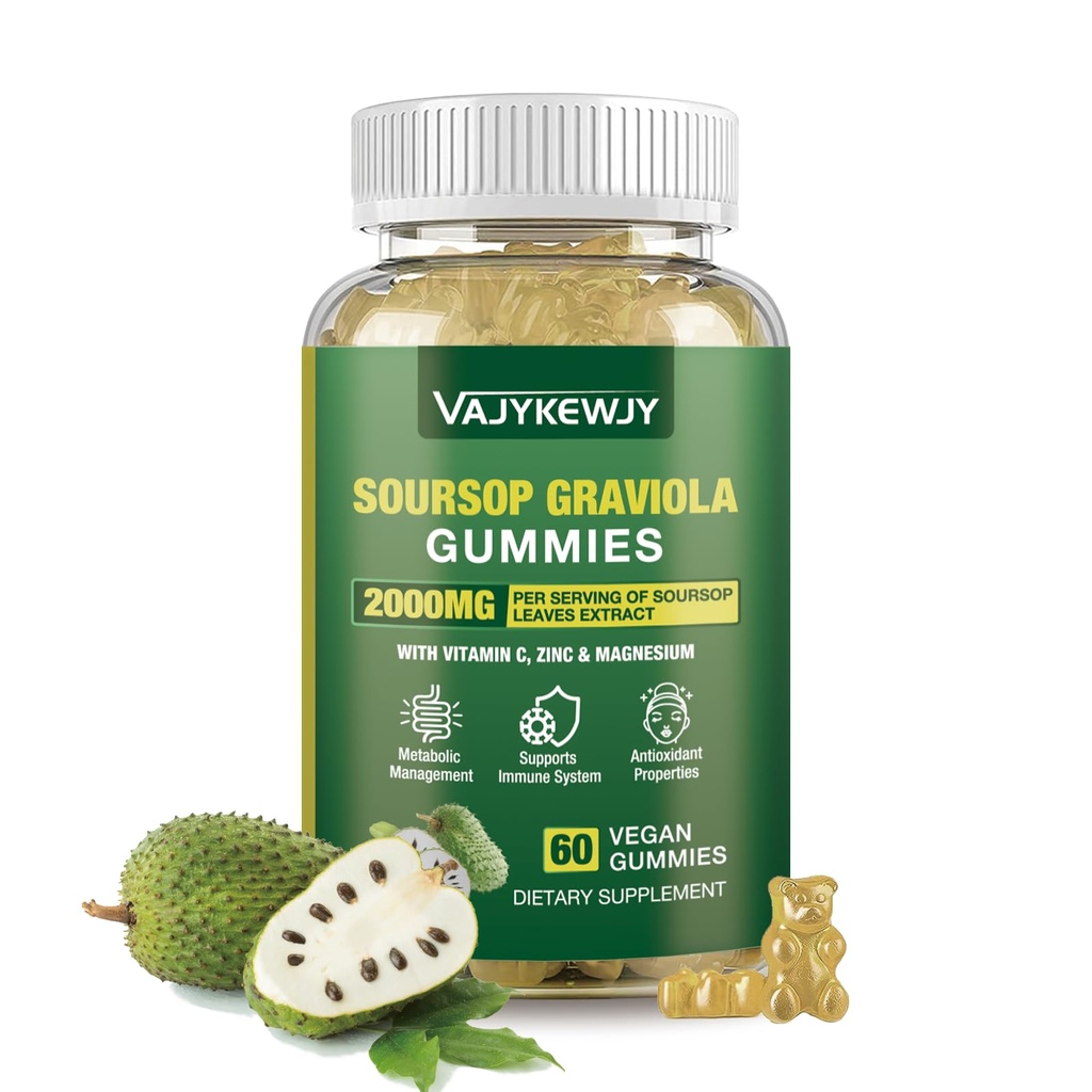 Gommies de Sourop Gravola - 2000mg Extra Strength Feuilles de Sourop Extrait, vitamine C, zinc et aliments naturels entiers pour l'immunité, végétalien, 60 Gommies