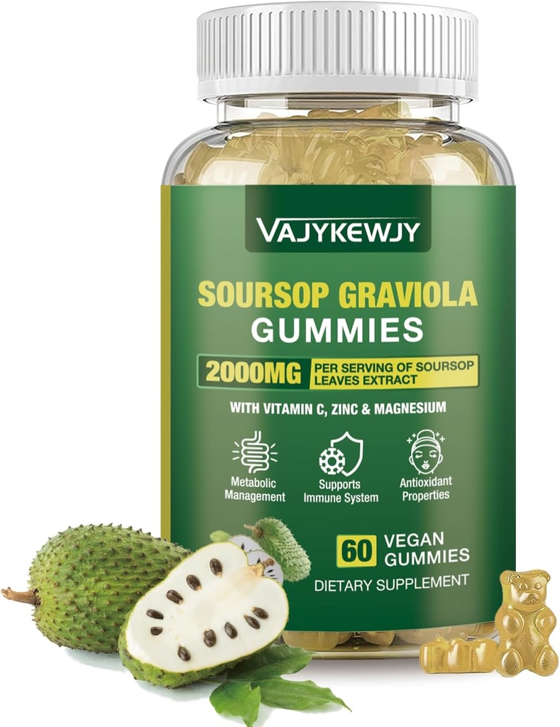 Gommies de Sourop Gravola - 2000mg Extra Strength Feuilles de Sourop Extrait, vitamine C, zinc et aliments naturels entiers pour l'immunité, végétalien, 60 Gommies