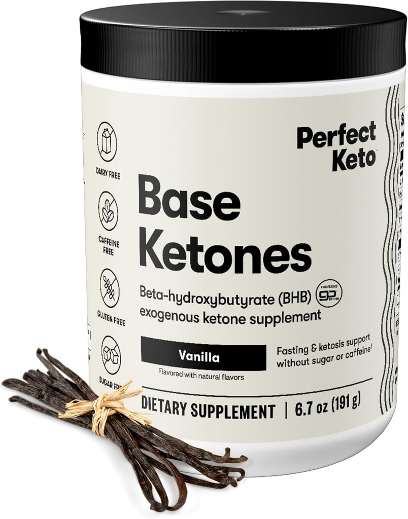 Perfect Keto Exogenous Ketones Powder, BHB Salts Supplement for Ketosis & Fasting, Plus Electrolytes for Hydration, Caffeine Free Energy, Keto Diet, Focus & Workout Support, Vanilla, 6.7 oz
