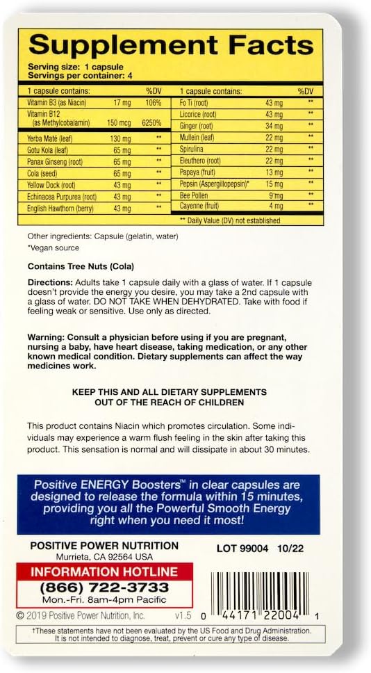 VitaBoost Positive Power Energy Boosters – Natural Energy Supplement with Herbs, B-12, Bee Pollen, Jitter-Free Smooth Energy, Quick & Safe, No Caffeine, Ephedra, or Guarana (120)