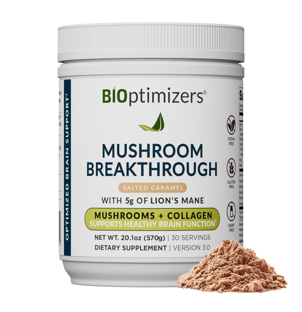 BIOptimizers Café de champignons Alternative – Boissons de caramel salées – Lion, Chaga, Reishi + Collagen Peptides pour Focus, Energy & Gut Health – Champignons adaptogènes et poudre MCT – 30 portions