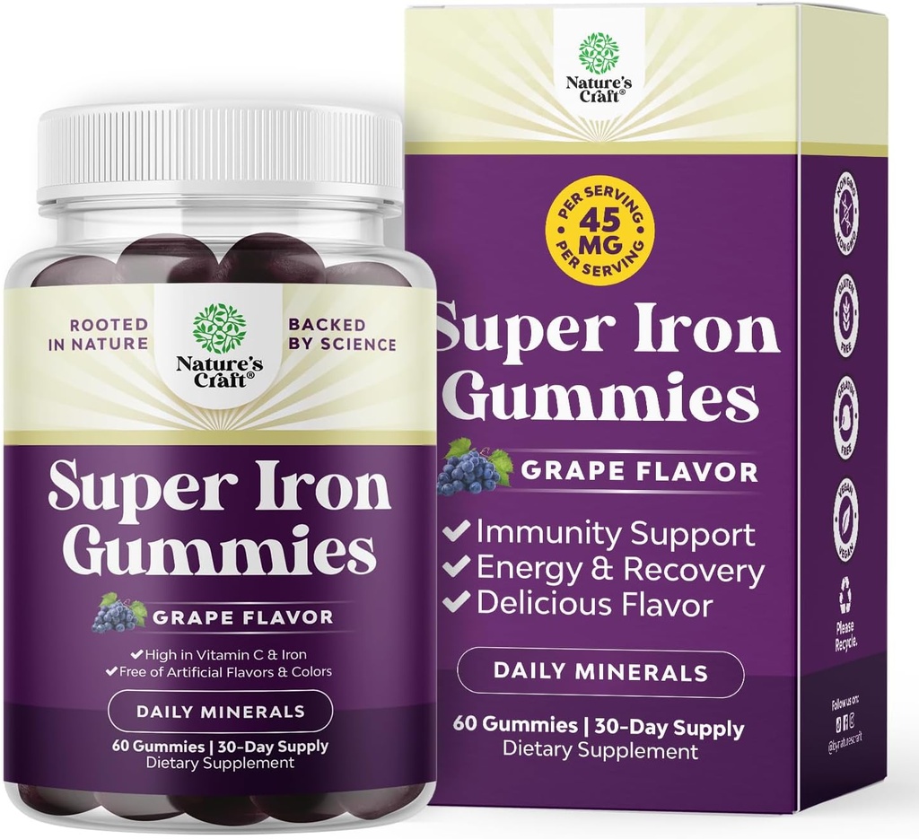 Extra Strength Iron Gummies for Women and Men - Potent 45mg per Serving Chewable Supplement for Women and Men with Vitamin C for Higher Absorption - Vegan Daily Iron Gummy No Artificial Flavors