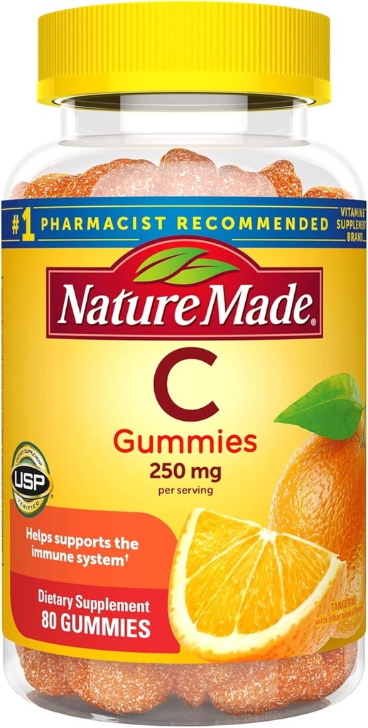 Vitamine C Gummies 250 mg, 80 Compte, Pour le soutien immunitaire, le soutien antioxydant, le collagène pour la santé de la peau, Tangerine