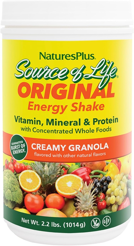 NaturesPlus Source d'énergie vitale Shake - 2,2 lbs Poudre de multivitamines, minéraux et protéines - Granola Flavor - Remplacement de repas entiers - Non-OGM, végétarien, sans gluten - 26 portions