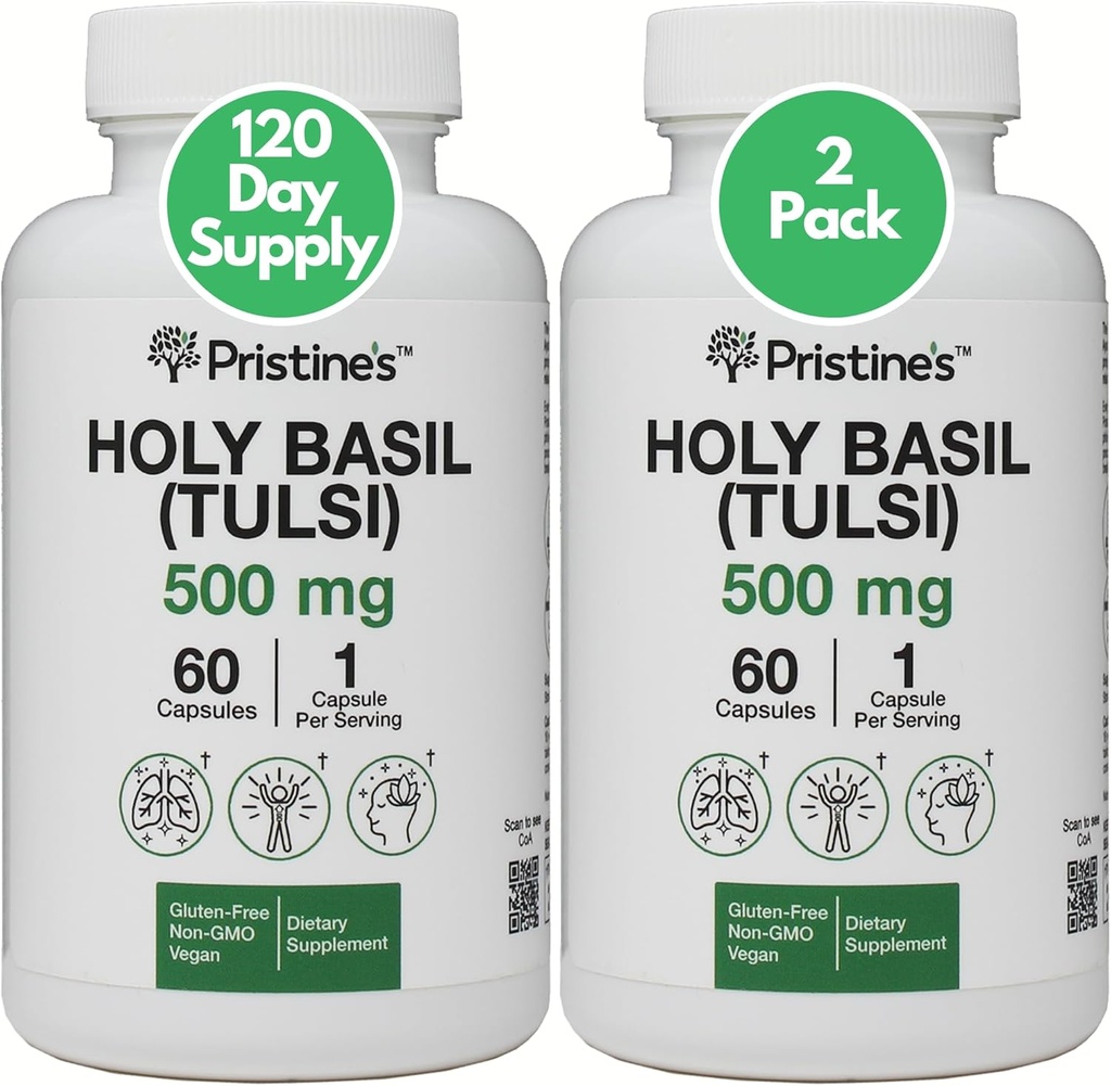 PRISTINE's Holy Basil (Tulsi) 500 mg (2 Pack) Relaxation & Immunity Support Supplément adaptogène - 120 jours d'approvisionnement - Holy Basil Leaf Capsules - Vegan - Non-OGM - Suppléments sans gluten