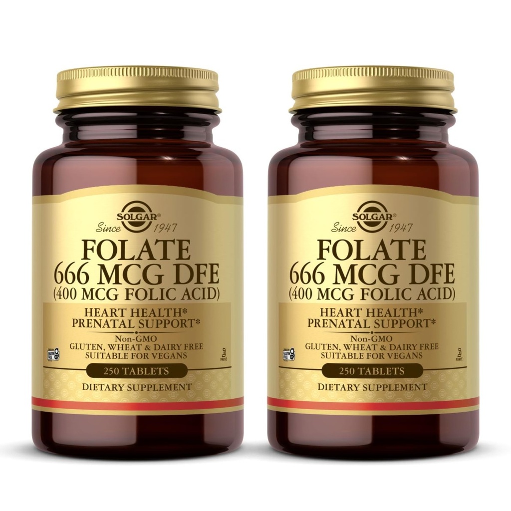 Solgar Folate 666 mcg DFE (acide folique 400 mcg) - 250 comprimés, lot de 2 - Soutien prénatal - non-OGM, végétalien, sans gluten, sans laiterie, casher - 500 portions totales
