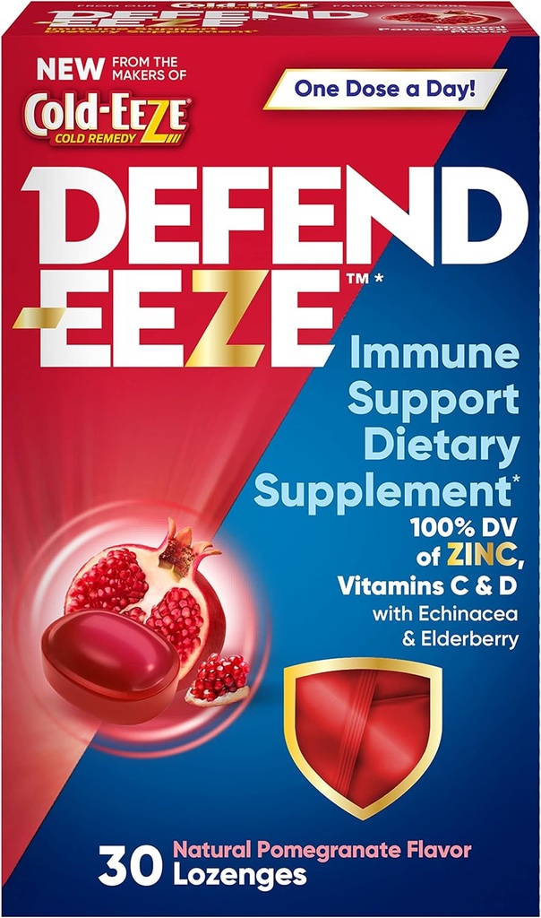 Defend-EEZE Immune Support Dietary Supplement Lozenges, 100% de la valeur quotidienne du zinc, vitamines C & D par dose, avec Echinacea & Elderberry, grenade parfum, 30 Lozenges