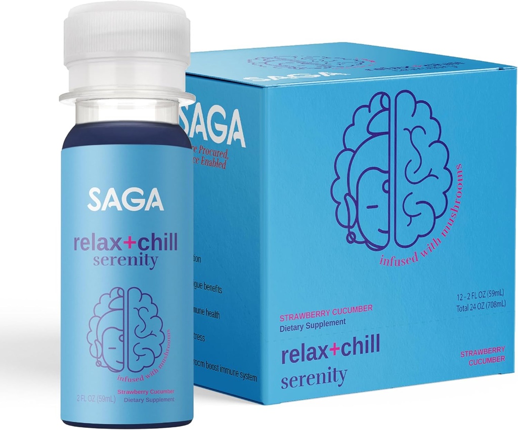 SAGA Organic Relaxation Shots Contient des Adaptogènes et des Champignons - Lion's Mane & Kava.