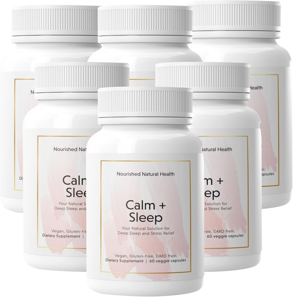 Nourri Natural - Calme + Capsules de sommeil pour le repos profond et la relaxation avec Ashwagandha, Camomille, Extrait de cerise de Tart, Passionflower, L-theanine, & Magnésium - 360 Capsules
