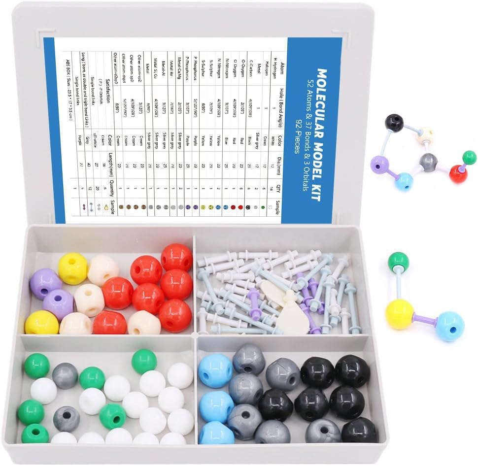 Swpeet 92 Pcs Chimie Modèle moléculaire Ensemble étudiant et enseignant, modèle moléculaire Set pour la chimie inorganique et organique - 52 atomes et 37 liaisons et 3 orbitales