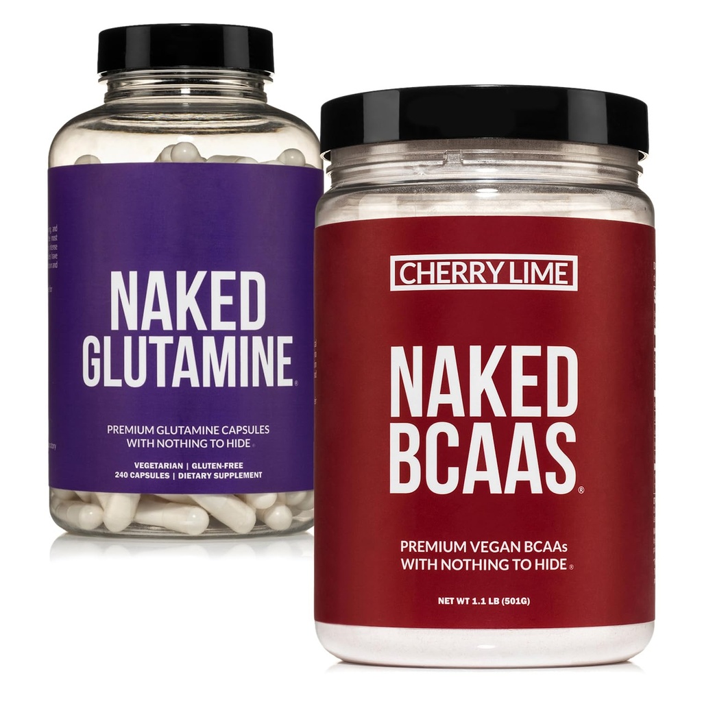 NAKED Cherry Lime BCAAs 34 Sevings + Pur L-Glutamine 240 Capsules Ensemble: Non-OGM, Sans gluten, Récupération musculaire, Rien d'artificiel