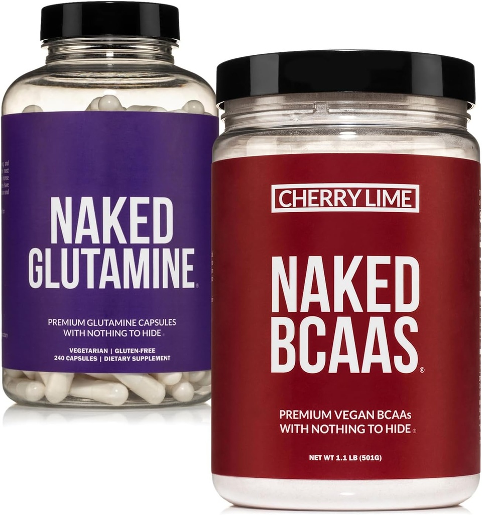 NAKED Cherry Lime BCAAs 34 Sevings + Pur L-Glutamine 240 Capsules Ensemble: Non-OGM, Sans gluten, Récupération musculaire, Rien d'artificiel