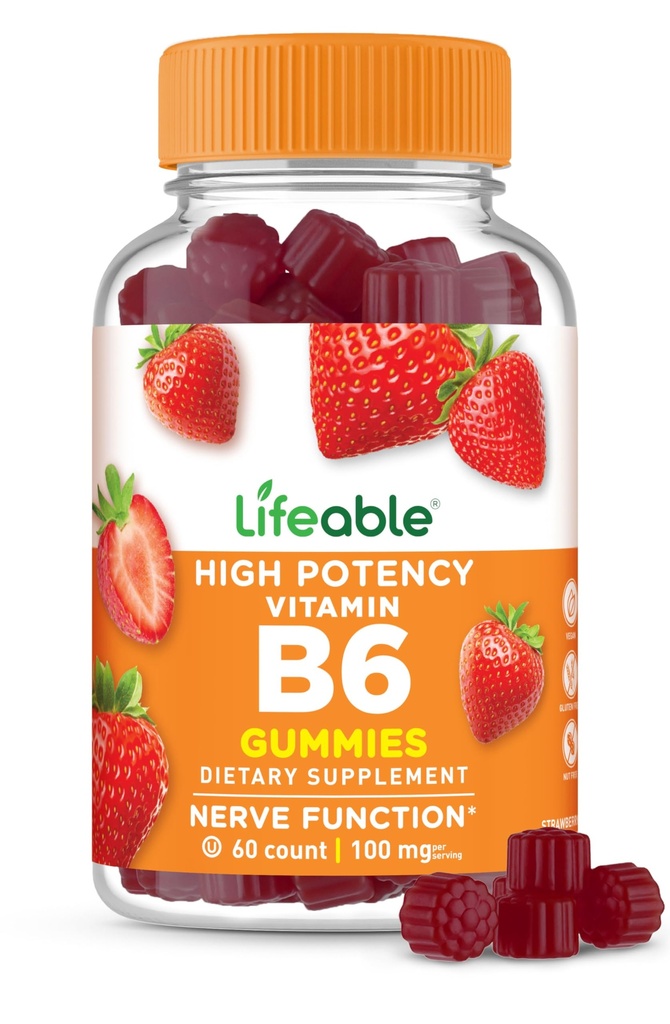 Vitamine vieable B6 Gommies (100mg) Great Tasting VIT B6 Supplément (B6) Vitamines Vegan B6 pour complément de soutien aux nerfs (Vitamine B 6 pour adultes, hommes, femmes) 60 Gommies