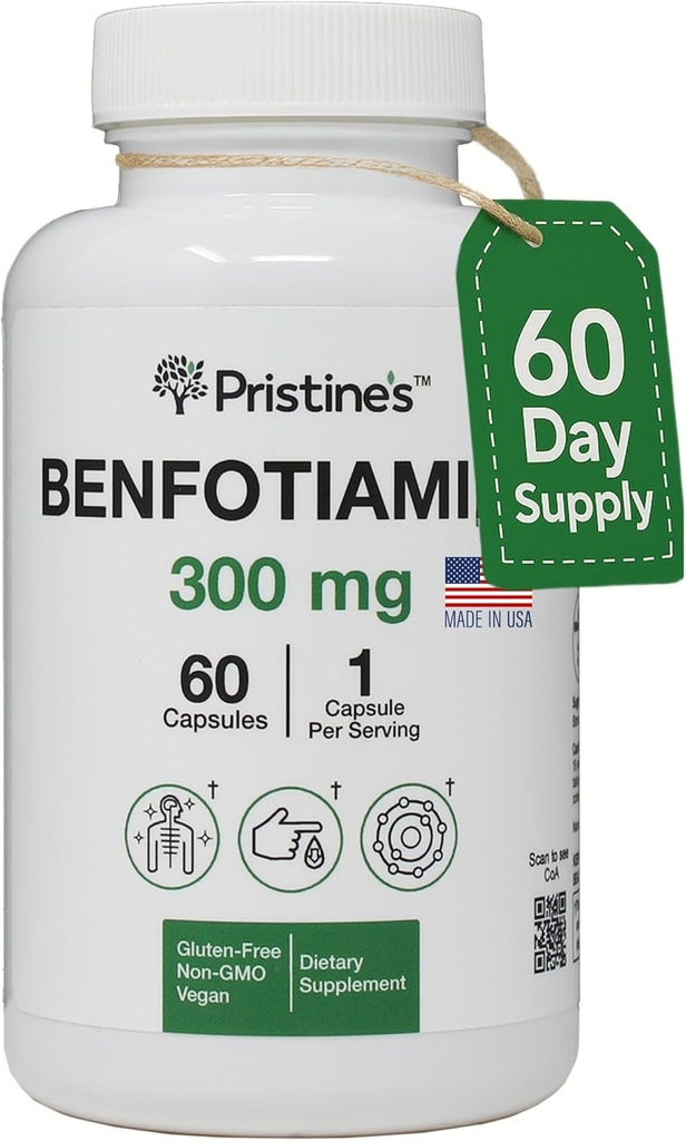PRISTINE'S Benfotiamine 300mg Supplément de soutien à haute biodisponibilité - 60 jours d'approvisionnement - suppléments de vitamine B1 soluble dans le gras - végétalien - non-OGM