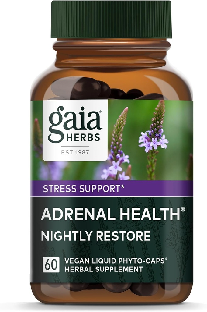 Gaia Herbs Adrenal Health Nightly Restore - Supplément à base de plantes avec Ashwagandha, Magnolia Bark, Cordyceps, Lemon Baume & More* - 60 phytocapsules liquides végétaliens (30 portions)