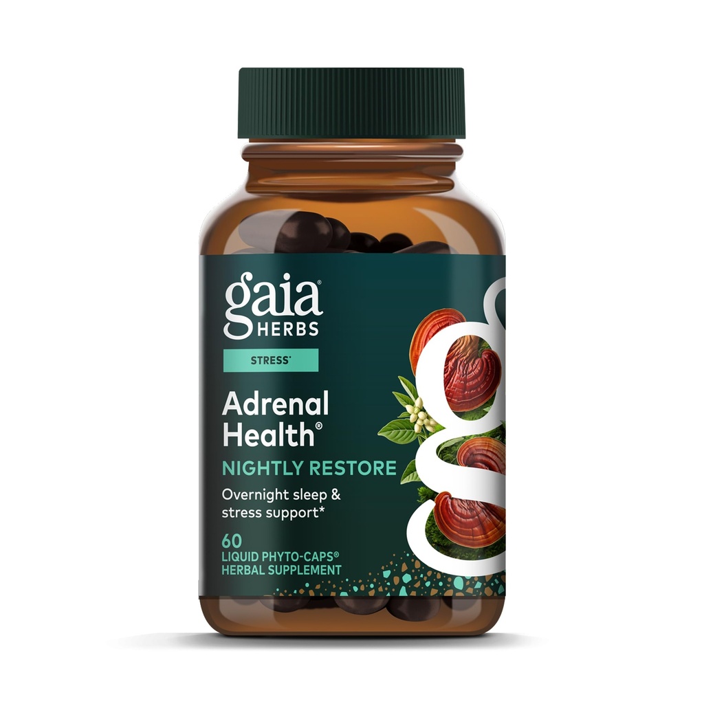 Gaia Herbs Adrenal Health Nightly Restore - Supplément à base de plantes avec Ashwagandha, Magnolia Bark, Cordyceps, Lemon Baume & More* - 60 phytocapsules liquides végétaliens (30 portions)