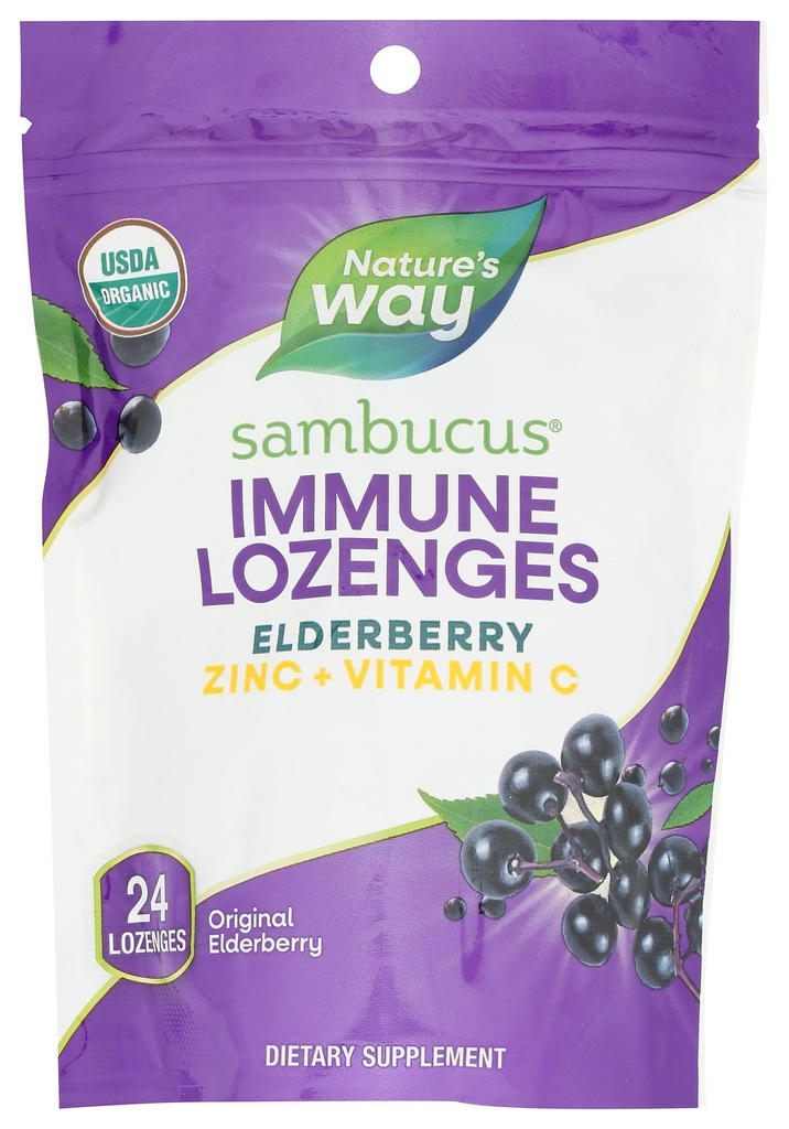 Nature's Way Sambucus Immune Lozenges, Zinc + Vitamine C, Extrait de mûrier noir, USDA certifié biologique, Aromatisé aux baies d'origine, 24 Lozenges (paquetage May Vary)