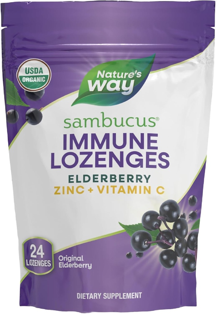 Nature's Way Sambucus Immune Lozenges, Zinc + Vitamine C, Extrait de mûrier noir, USDA certifié biologique, Aromatisé aux baies d'origine, 24 Lozenges (paquetage May Vary)