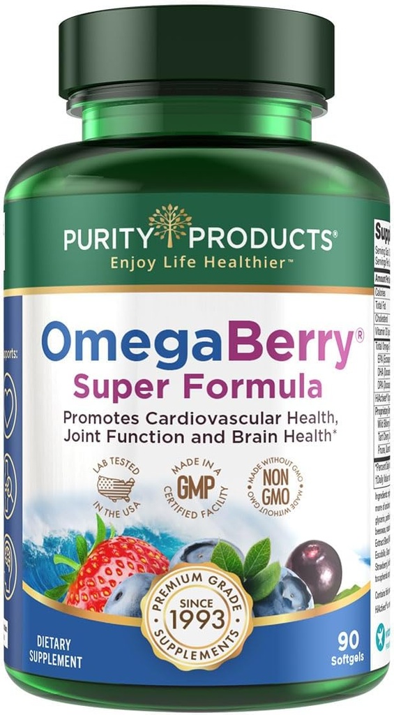 Produits de pureté OmegaBerry Huile de poisson avec Vitamine D3 + formule Super Acai biologique - 1875 mg de concentré, Distillé moléculairement, Ultra pur Omega-3s 1080 mg EPA + 720mg DHA + 120 mg DPA - 90 Compte
