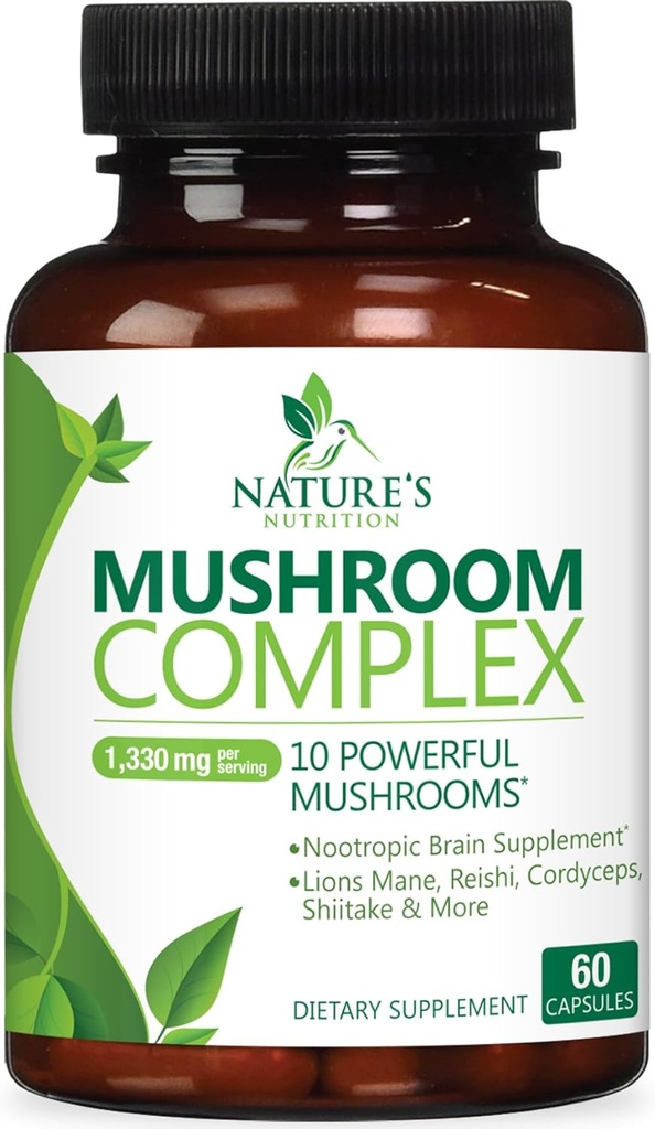 Champignons Supplément Cerveau 1330 mg - 10 en 1 Complexe Champignon à haute résistance avec Lions Mane, Turkey Tail, Reishi, Cordyceps, Chaga & Cerveau Complexe Nootropique pour Mémoire et Focus Support - 60 Capsules