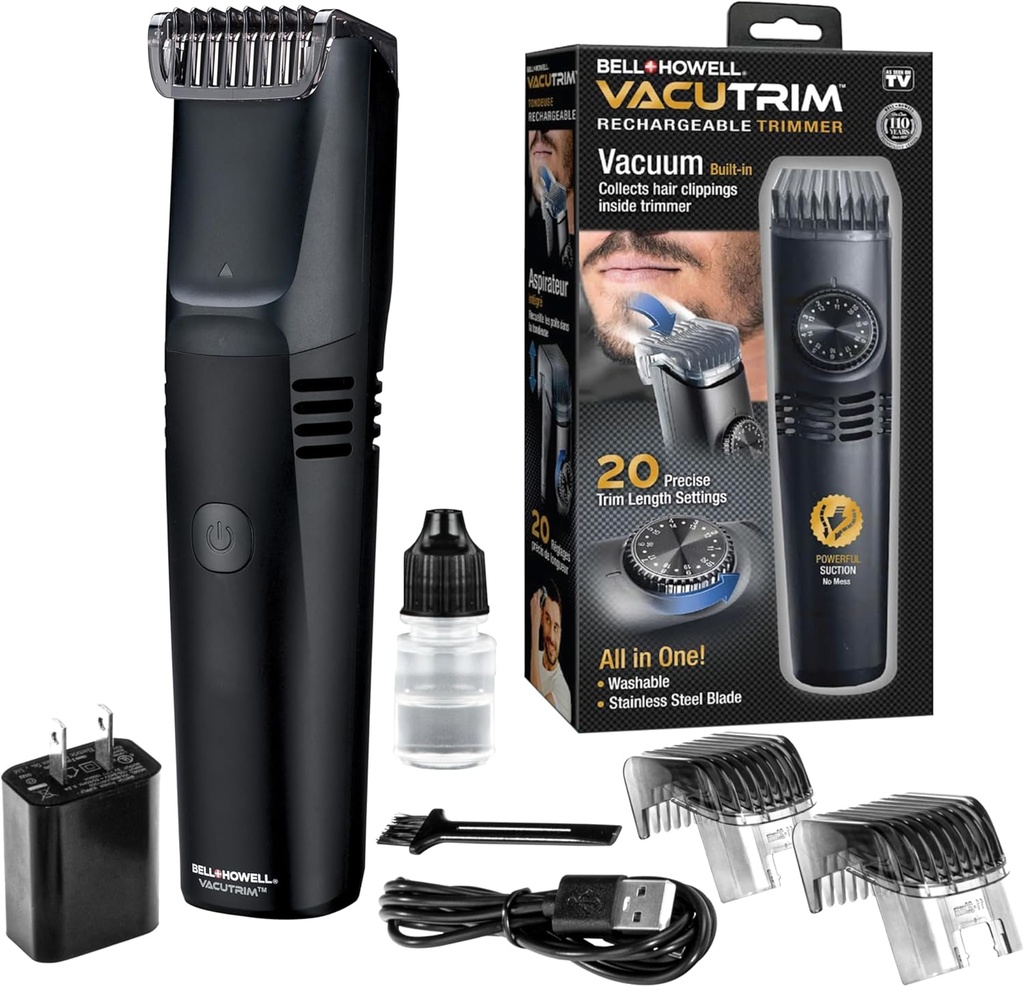 Vacutrim Cordless Mens Bard Trimmer, Rasoir électrique rechargeable avec 20 Trim Réglage Cadran d'étalonnage et vide intégré pour la moustache, Sideburns. Cheveux du visage, noir, 7,5", vu à la télévision