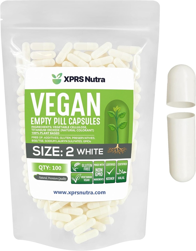 XPRS Nutra Taille 2 Capsules vides - 100 Capsules vides de végétalien - Pilule vide végétarienne - Bricolage Gélule végétale Remplissage - Pilules de légumes (blanc)