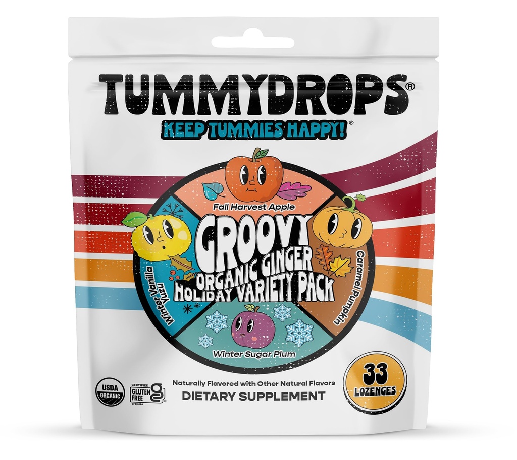 USDA Bio Groovy Ginger Variété de vacances Tummydrops (Mix de citrouille de caramel, pomme d'automne, Yuzu d'hiver et saveurs de gingembre de sucre). Sachet de 33 gouttes assorties. Certifié sans gluten.