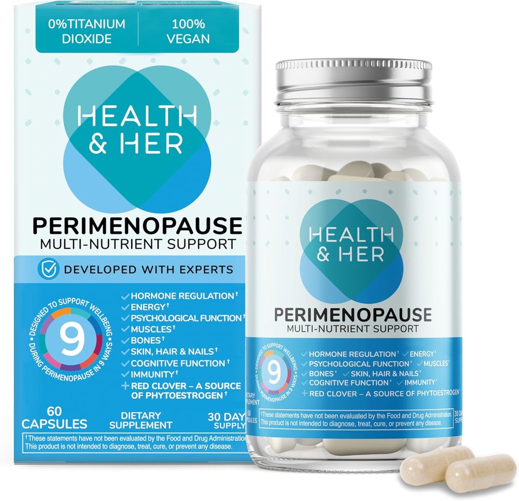 Health & Her Perimenopause Supplement for Women – The UK’s No.1 Perimenopause Supplement - Multi-Nutrient Wellbeing Support for Early Stage of Menopause, Vegan, Gluten-Free, Non GMO (60 ct - 1 Month)